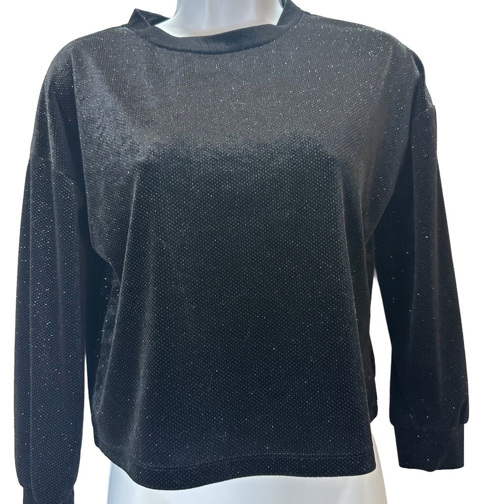 Copper Key Black Velvet Shimmer Sparkle Cropped Sweatshirt Size L